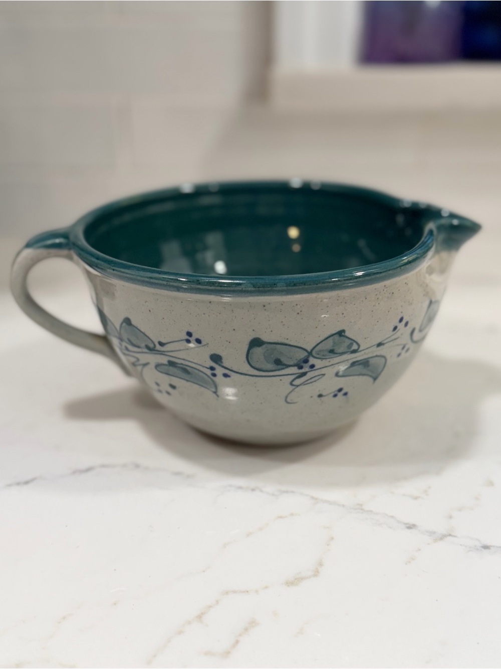 Teal-Trim Ceramic Mixing Bowl with Pour Spout and Handle
